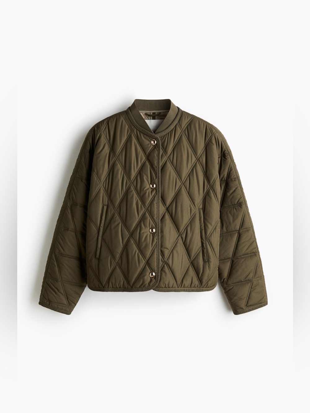 H&M Collarless Dark Khaki Green Diamond
Quilted Bomber Jacket XS